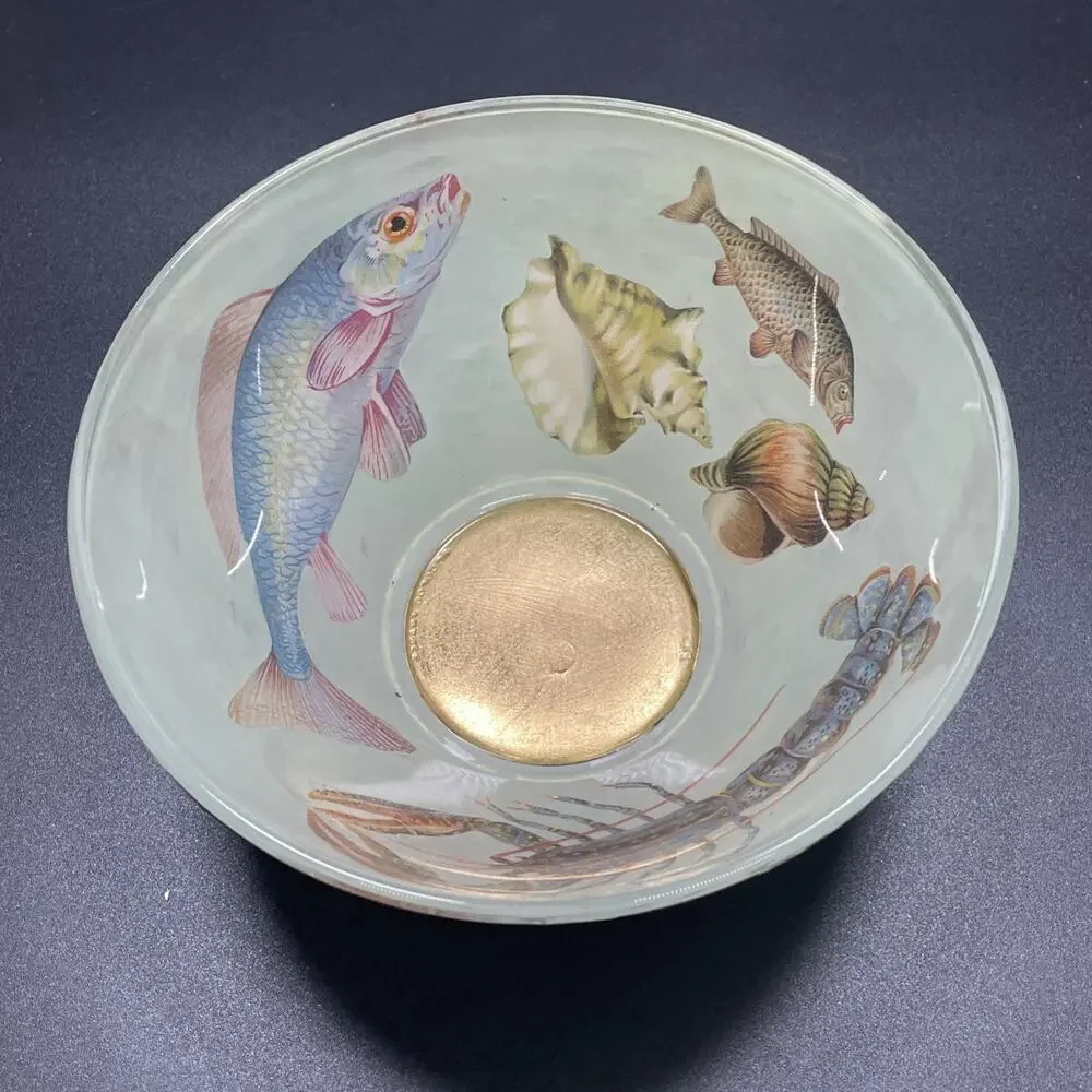 1970-80's B & L Designs Arcoroc/Arcopal Handpainted Glass Bowl Retro Sea Life